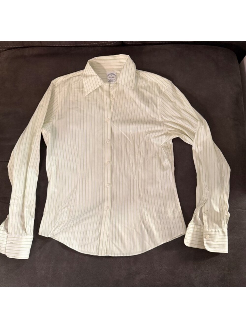 Brooks Brothers Womens Green & White Striped Button-Down Dress Shirt Size 4 Long